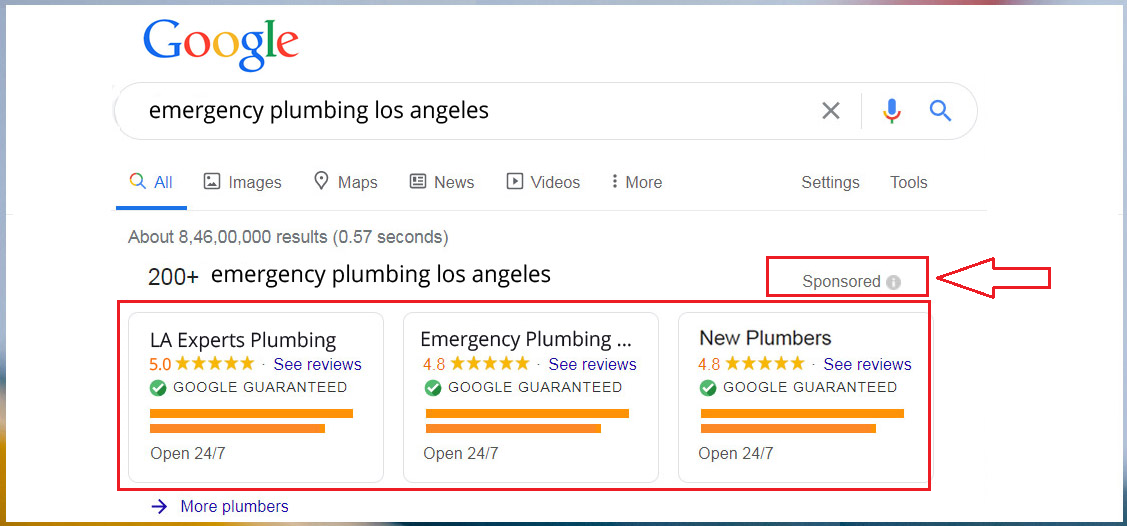 Google Ads: Target your customer by adding the keywords emergency plumbing + service area